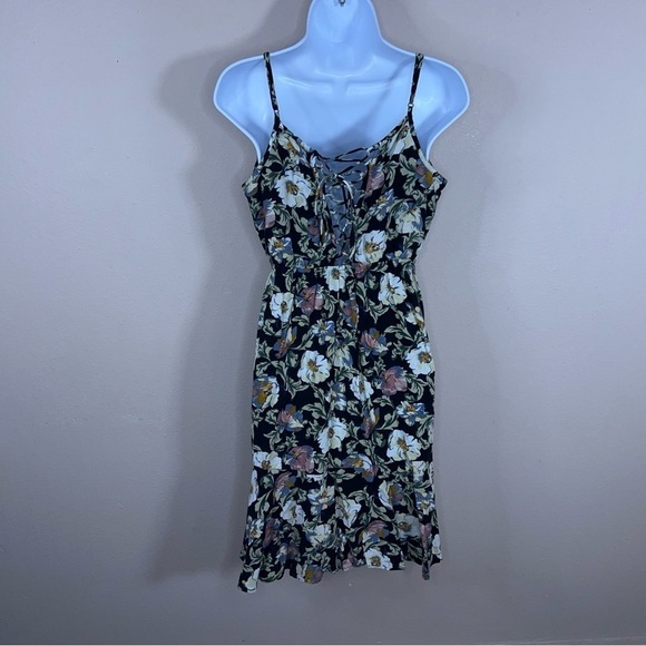 MEDIUM GREEN FLORAL RUFFLE DRESS SLEEVELESS CASUAL LACE UP BACK - Picture 6 of 10